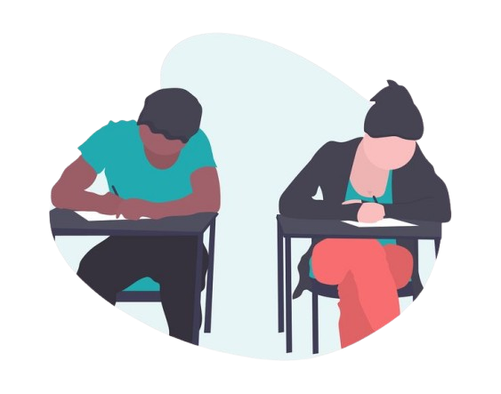 Illustration of two students sitting at desks writing exam papers, one male and one female
