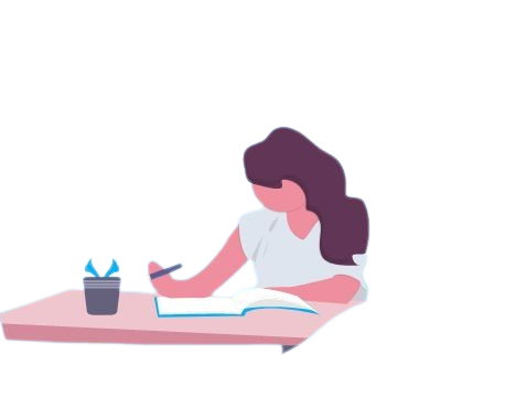 Illustration of a woman with long hair writing in a book at a desk with a small plant, window background with leaves