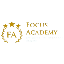 Focus Academy white logo with text and emblem